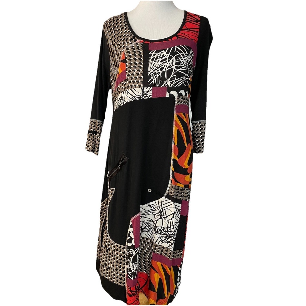 Linea Domani Artsy Colorful Dress XL Faux Patchwork Pocket Black Red Festival